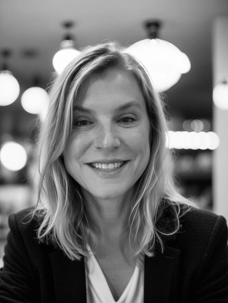 Professional businesswoman smiling at camera in black and white portrait with bokeh lighting background - in New York, NY